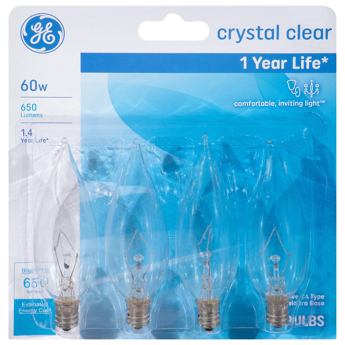 slide 1 of 1, GE Crystal Clear 60watt Bent Tip Candelabra Base Light Bulbs, 4 ct