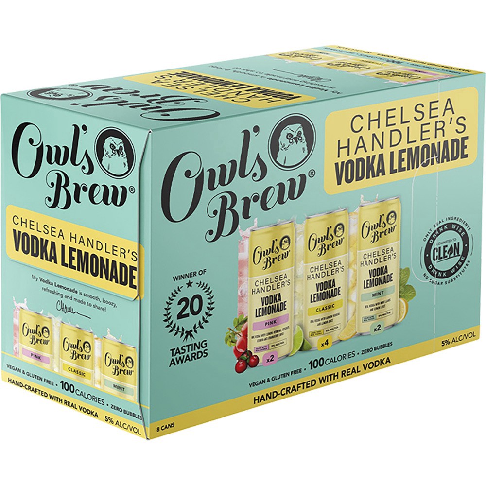 slide 1 of 1, Owl's Brew Chelsea Handler's Pink/Classic/Mint Vodka Lemonade 8 Cans, 8 ct; 12 oz