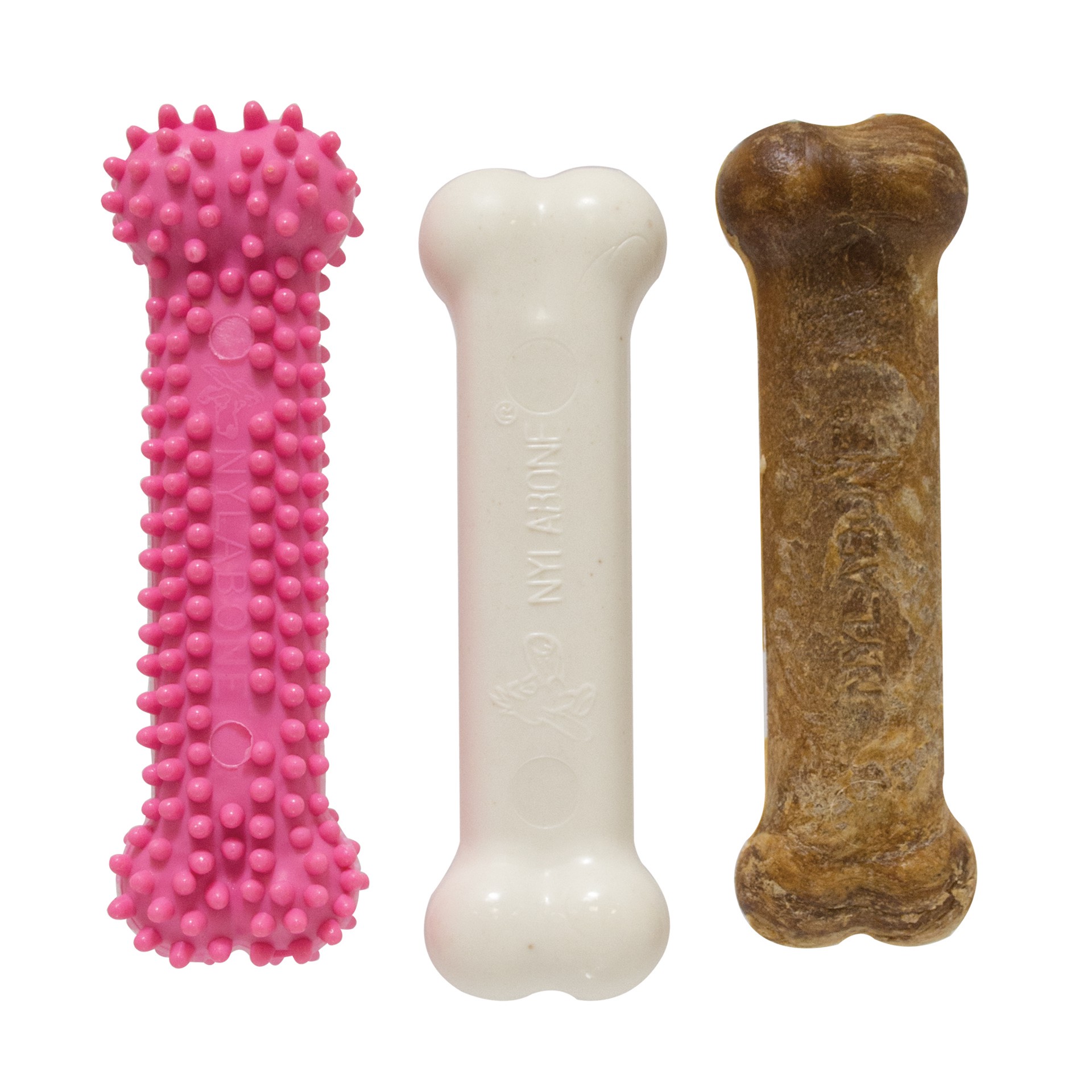 slide 9 of 10, Nylabone Puppy Chew Toys & Treat Triple Pack Chicken & Bacon Pink Small/Regular - Up to 25 Ibs.(3 Count), 3 ct