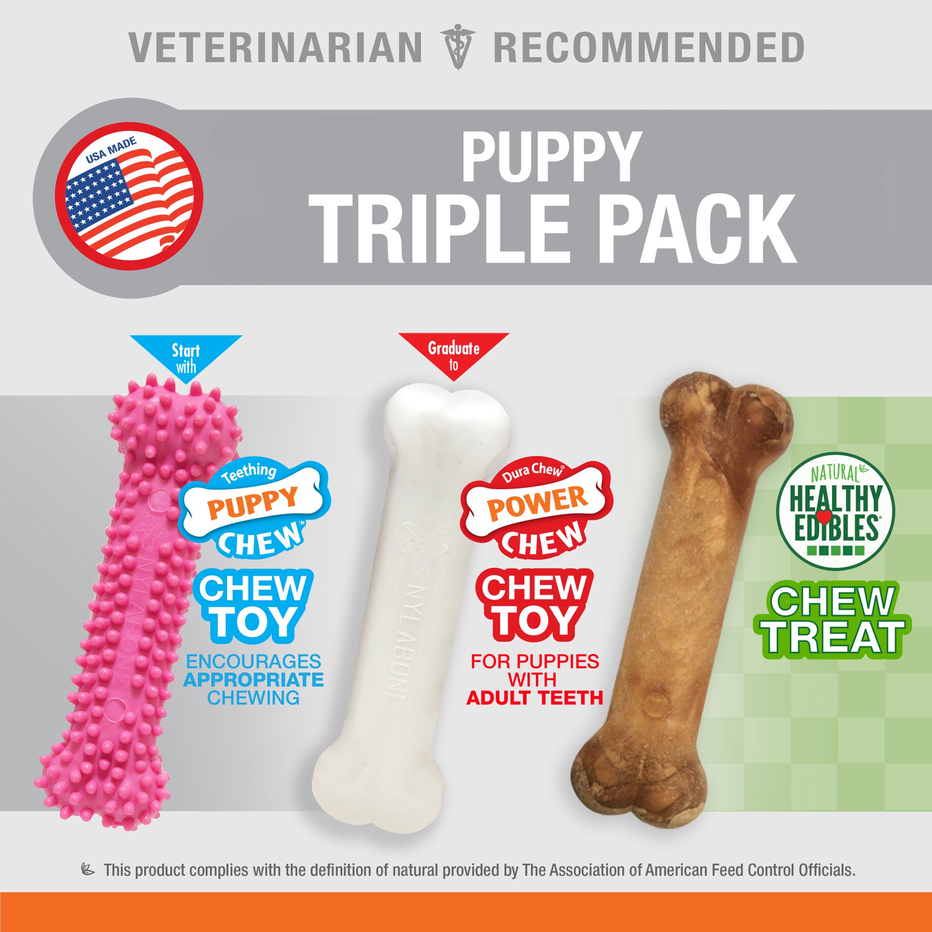 slide 5 of 10, Nylabone Puppy Chew Toys & Treat Triple Pack Chicken & Bacon Pink Small/Regular - Up to 25 Ibs.(3 Count), 3 ct