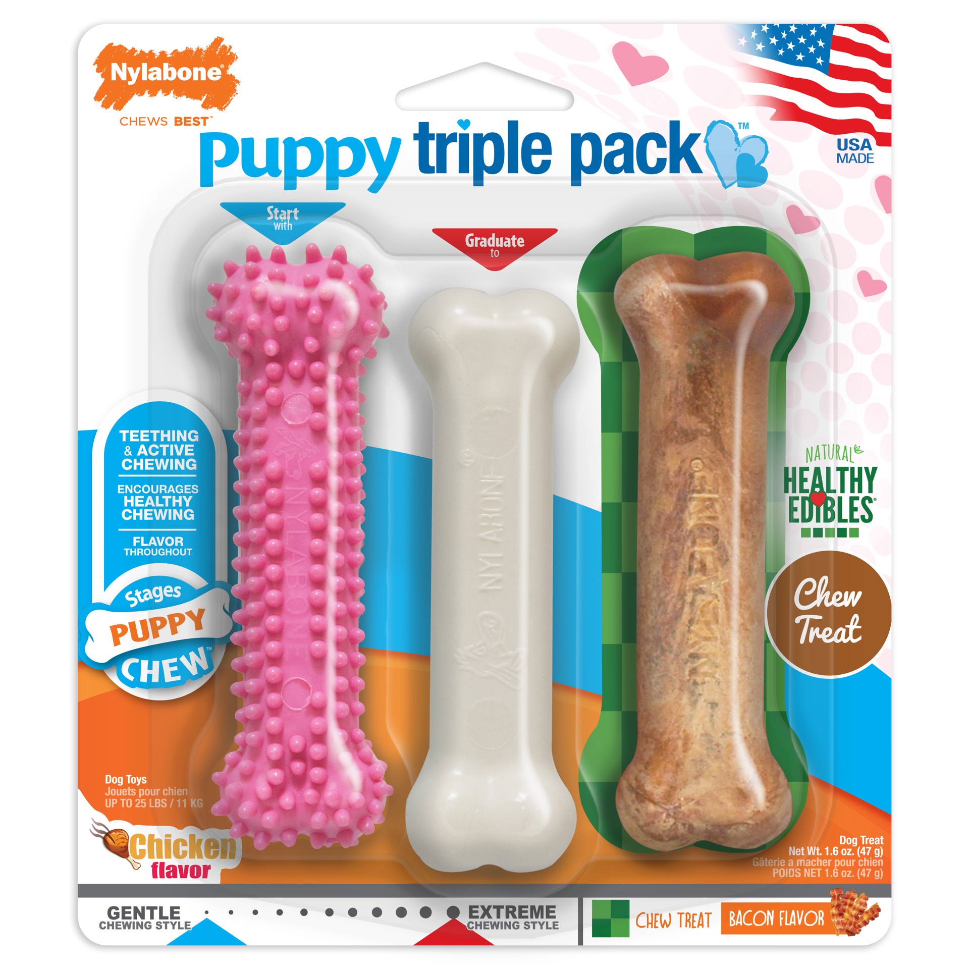 slide 1 of 10, Nylabone Puppy Chew Toys & Treat Triple Pack Chicken & Bacon Pink Small/Regular - Up to 25 Ibs.(3 Count), 3 ct