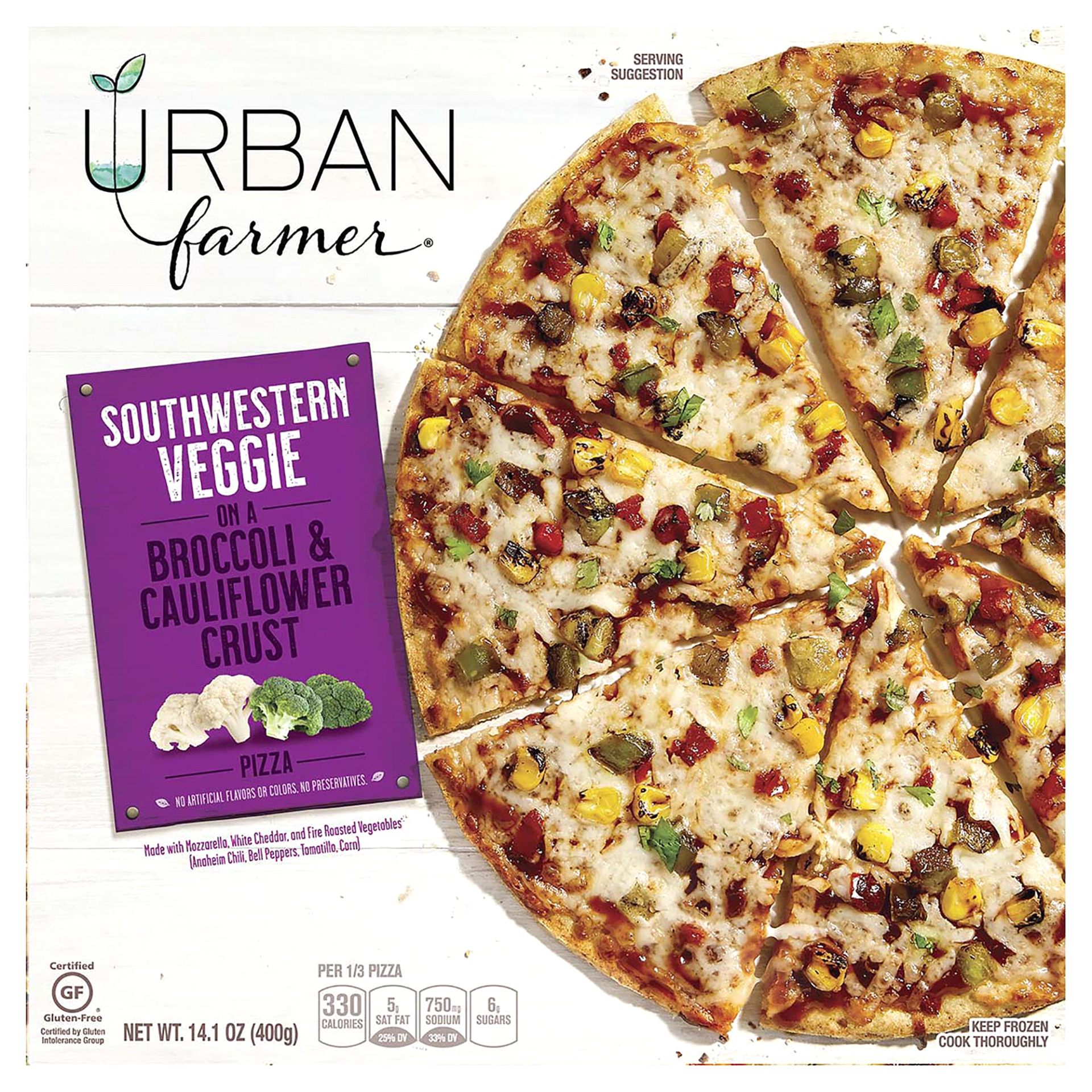 slide 1 of 8, Urban Farmer Southwestern Veggie Broccoli & Cauliflower Thin Crust Pizza, 14.1 oz