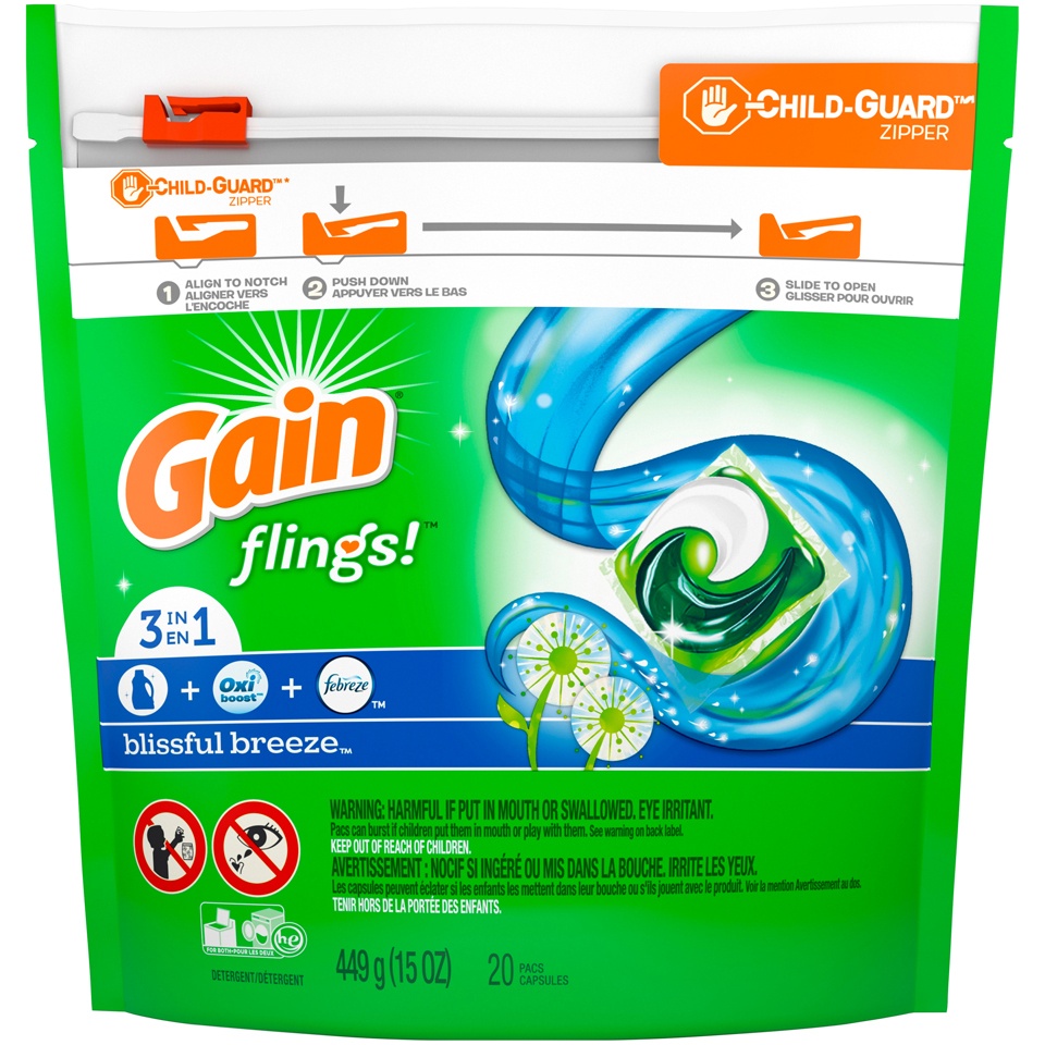 slide 1 of 1, Gain Flings! Liquid Laundry Detergent Pacs, Blissful Breeze, 20 Pacs, 15 oz