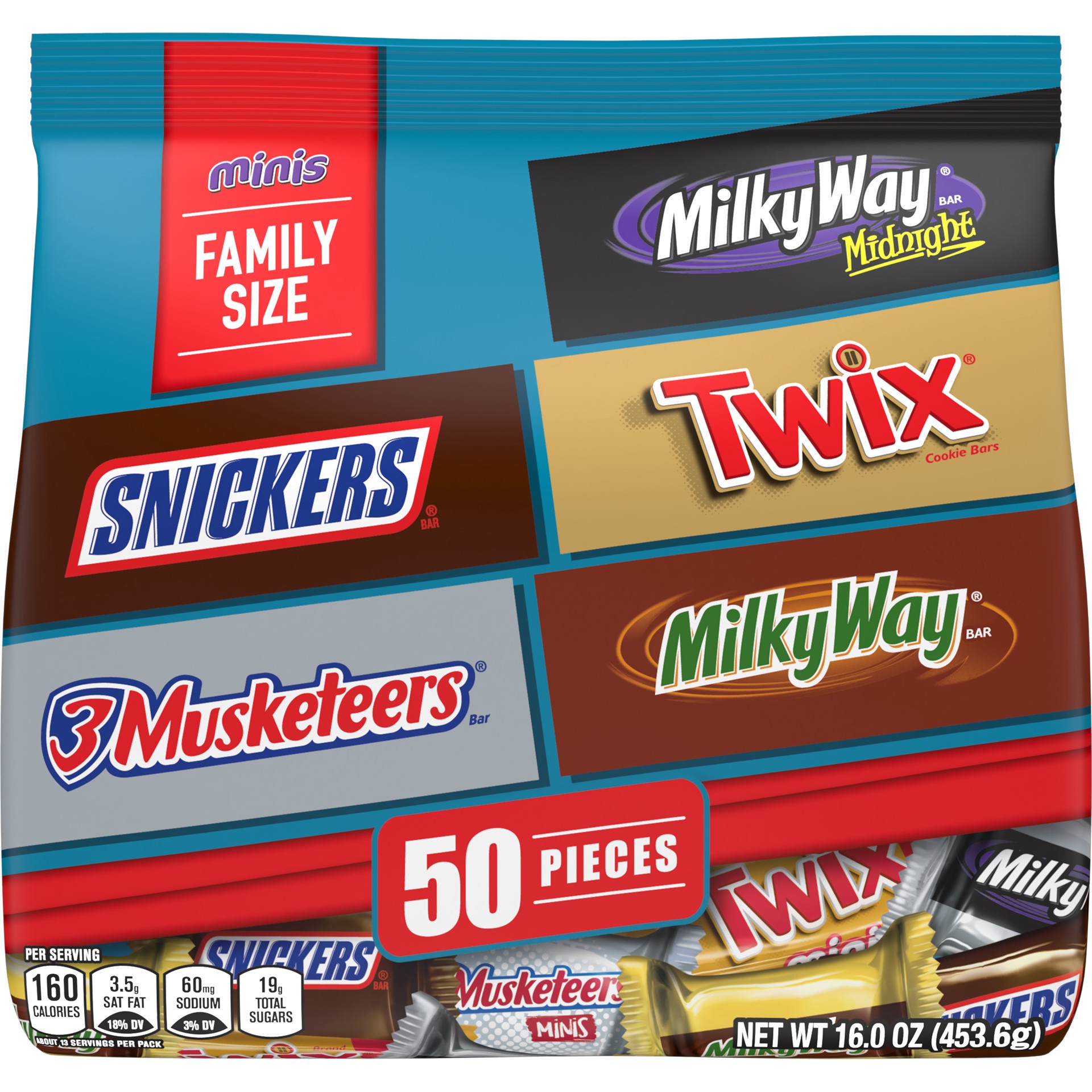 slide 1 of 8, Mixed SNICKERS, TWIX, MILKY WAY & 3 MUSKETEERS Variety Pack Milk & Dark Chocolate Candy Bars, 50 Pieces Bag, 16 oz
