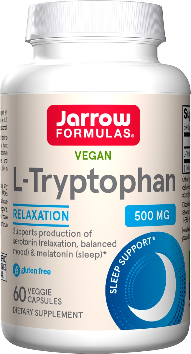 slide 2 of 2, Jarrow Formulas L-Tryptophan 500 mg - 60 Veggie Capsules - Essential Amino Acid - Stress, Sleep & Mood Support - Dietary Supplement - Reduce Cravings - 60 Servings, 60 ct