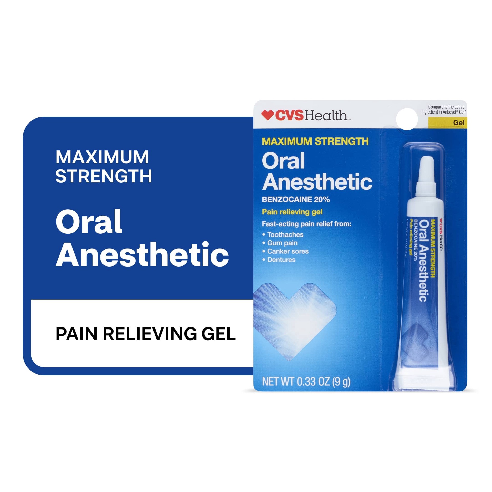 slide 1 of 1, Cvs Health Oral Anesthetic, Benzocaine 20% Maximum Strength Pain Relieving Gel, 0.33 oz