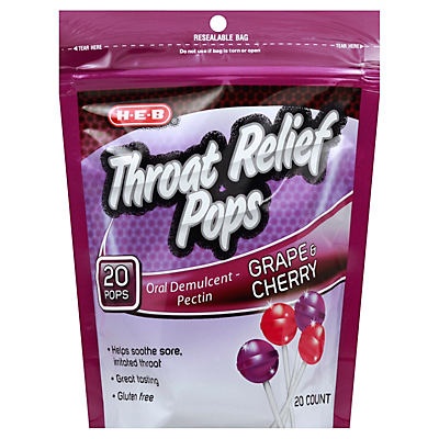 slide 1 of 1, H-E-B Throat Relief Pops Cherry & Grape Assorted, 20 ct