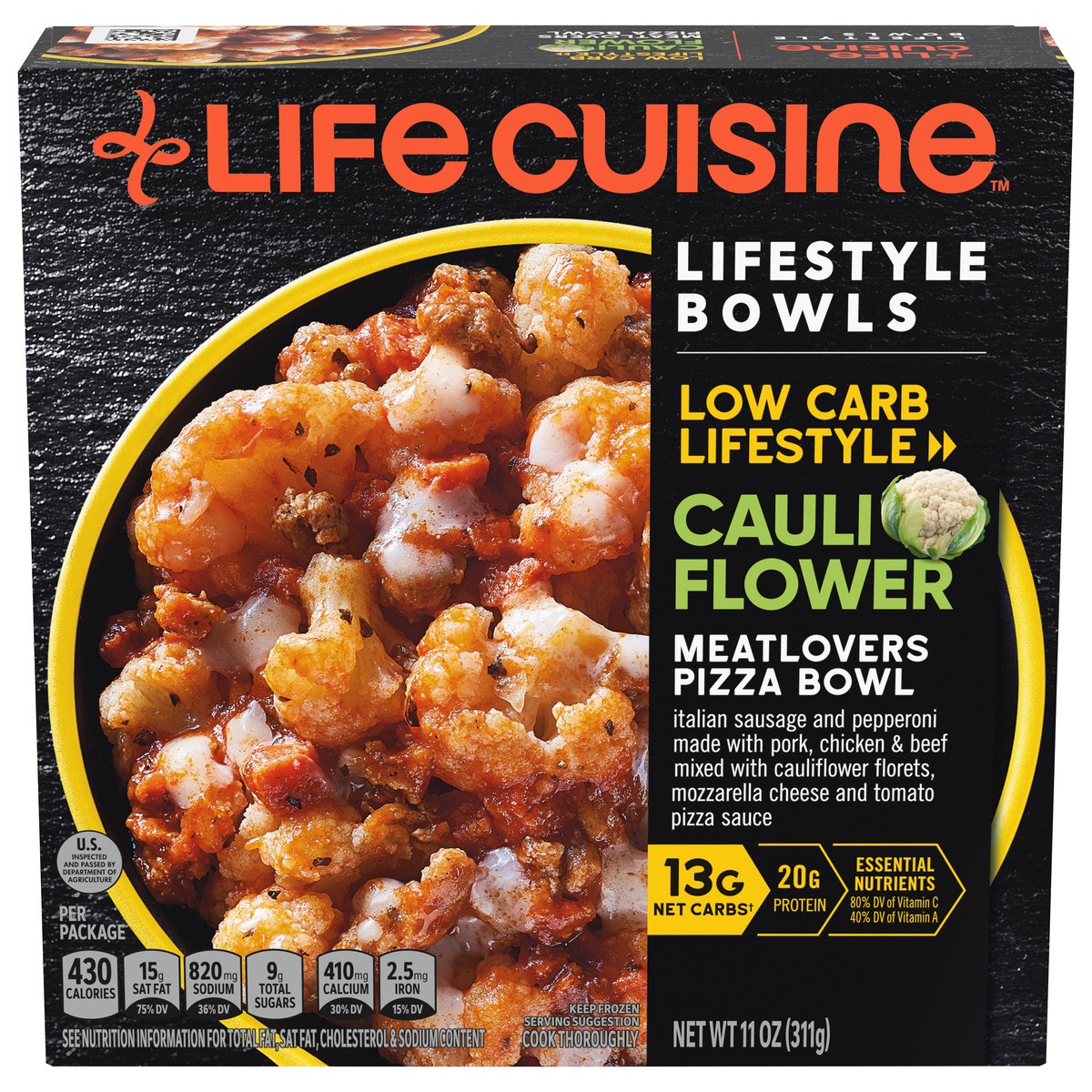 slide 2 of 2, Life Cuisine Frozen Meal Meat Lovers Cauliflower Pizza Bowl, Carb Wise Microwave Meal, Carb Conscious Frozen Pizza Dinner for One, 11 oz