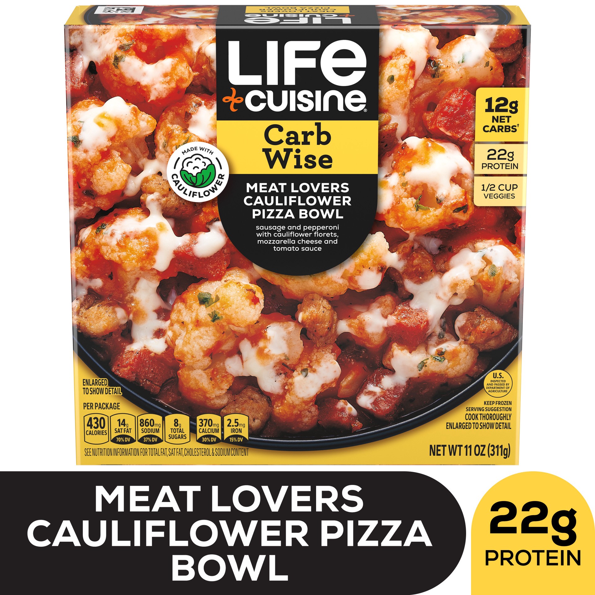 slide 1 of 2, Life Cuisine Frozen Meal Meat Lovers Cauliflower Pizza Bowl, Carb Wise Microwave Meal, Carb Conscious Frozen Pizza Dinner for One, 11 oz