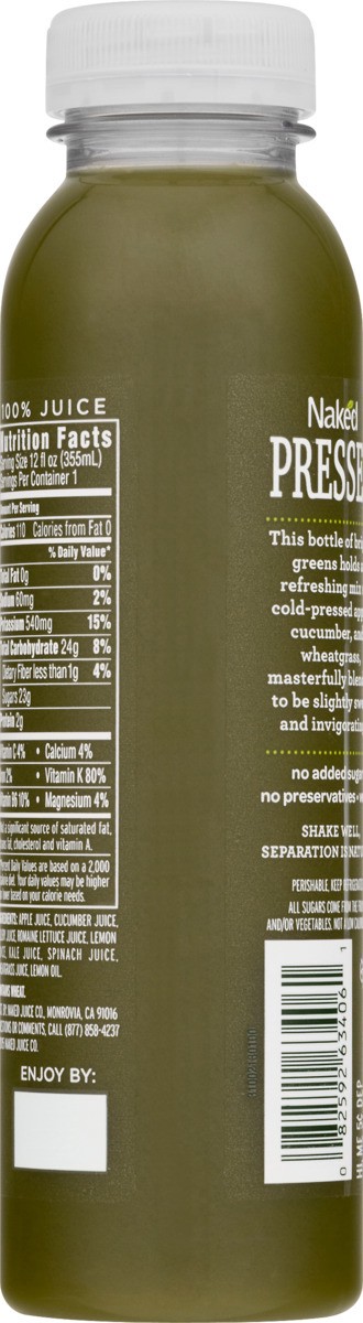 slide 2 of 8, Naked Cold Pressed 100% Juice Bright Greens 12 Fl Oz, 12 oz