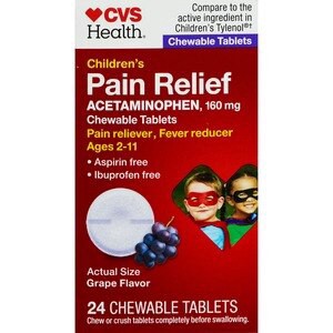 slide 1 of 1, CVS Health Children's Acetaminophen Pain Reliever & Fever Reducer Chewable Tablets, Grape, 24 Ct, 24 ct
