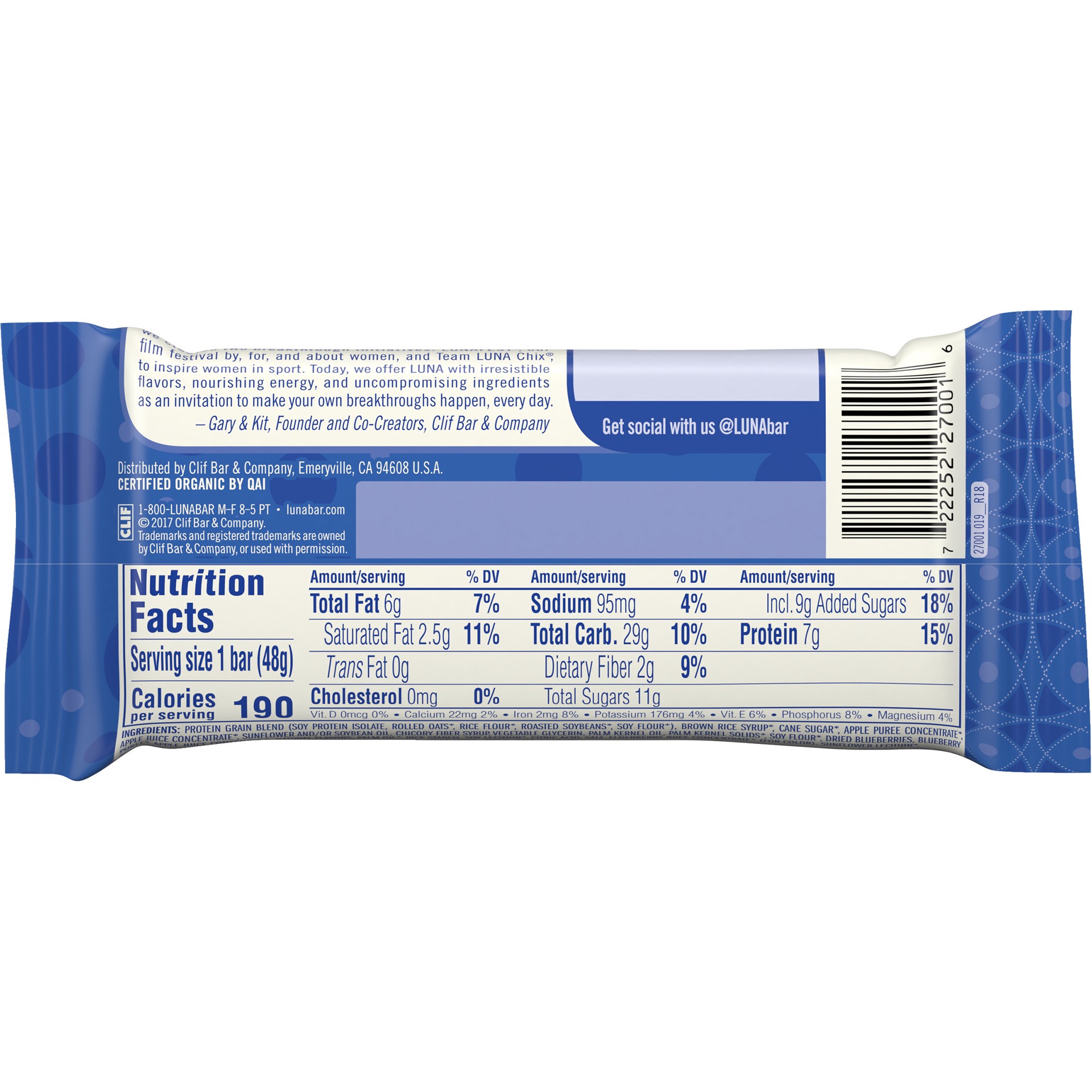 slide 2 of 7, LUNA Bar - Blueberry Bliss Flavor - Snack Bars - Non-GMO - Gluten-Free Protein Bars - Made with Organic Oats (1 Count), 1.69 oz