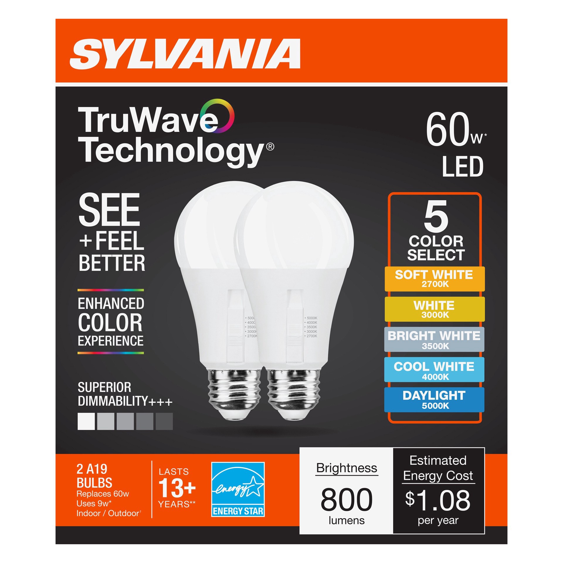 slide 1 of 1, Sylvania TruWave A19 60-Watt LED Light Bulbs, 2 ct