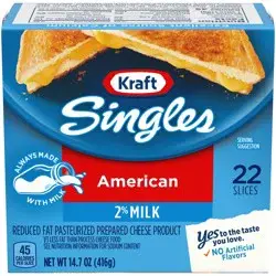 Kraft Singles 2% Pasteurized Prepared Cheese Product American Slices, 22 ct Pack