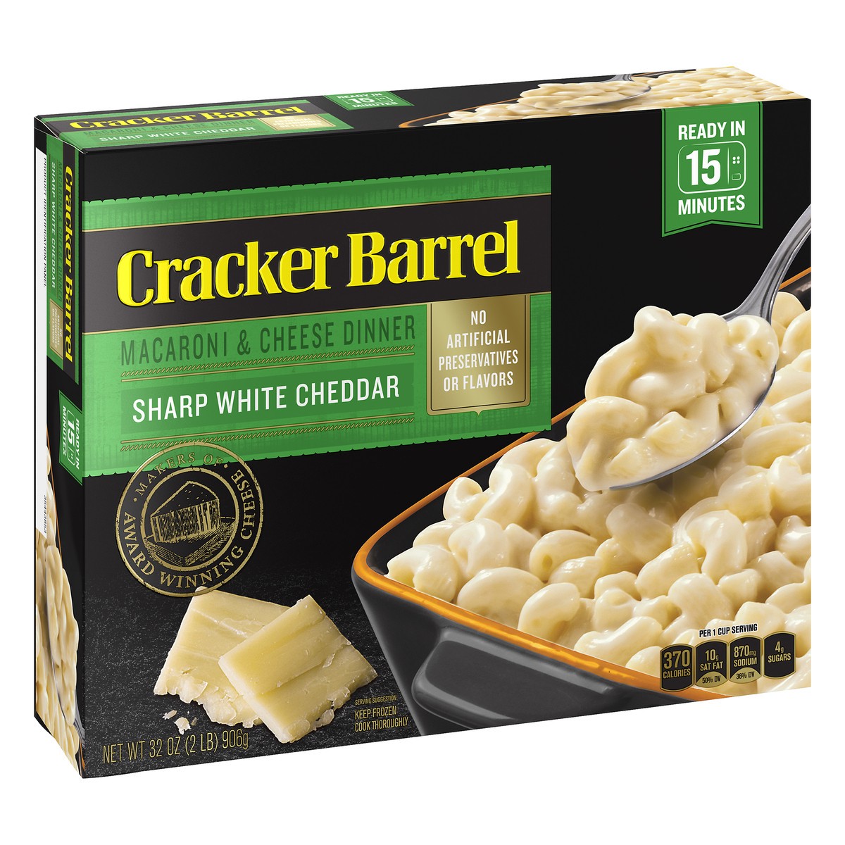 slide 3 of 10, Cracker Barrel Sharp White Cheddar Macaroni and Cheese, Frozen Meal, 32 oz Box, 3 oz