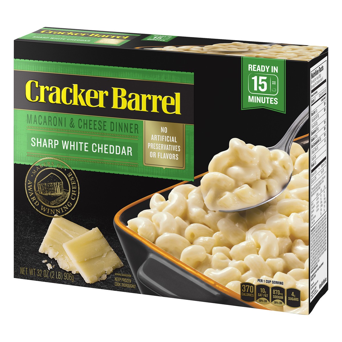 slide 2 of 10, Cracker Barrel Sharp White Cheddar Macaroni and Cheese, Frozen Meal, 32 oz Box, 3 oz