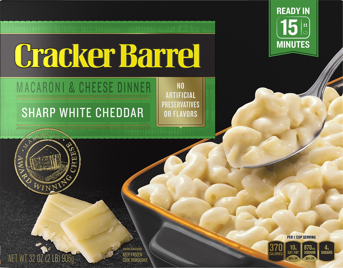 slide 1 of 10, Cracker Barrel Sharp White Cheddar Macaroni and Cheese, Frozen Meal, 32 oz Box, 3 oz