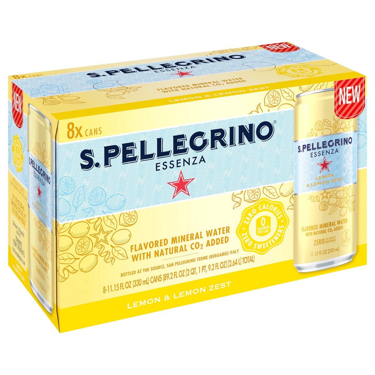 slide 7 of 7, S.Pellegrino Essenza Lemon & Lemon Zest Flavored Mineral Water with Natural CO2 Added, 8 Pack of 11.15 Fl Oz Cans, 11.15 oz