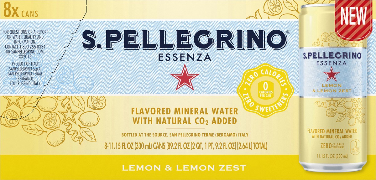slide 5 of 7, S.Pellegrino Essenza Lemon & Lemon Zest Flavored Mineral Water with Natural CO2 Added, 8 Pack of 11.15 Fl Oz Cans, 11.15 oz