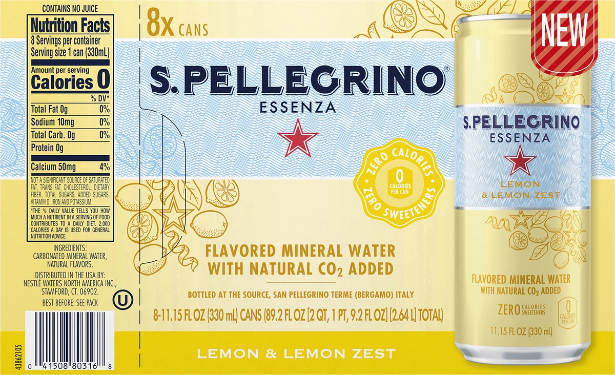slide 4 of 7, S.Pellegrino Essenza Lemon & Lemon Zest Flavored Mineral Water with Natural CO2 Added, 8 Pack of 11.15 Fl Oz Cans, 11.15 oz