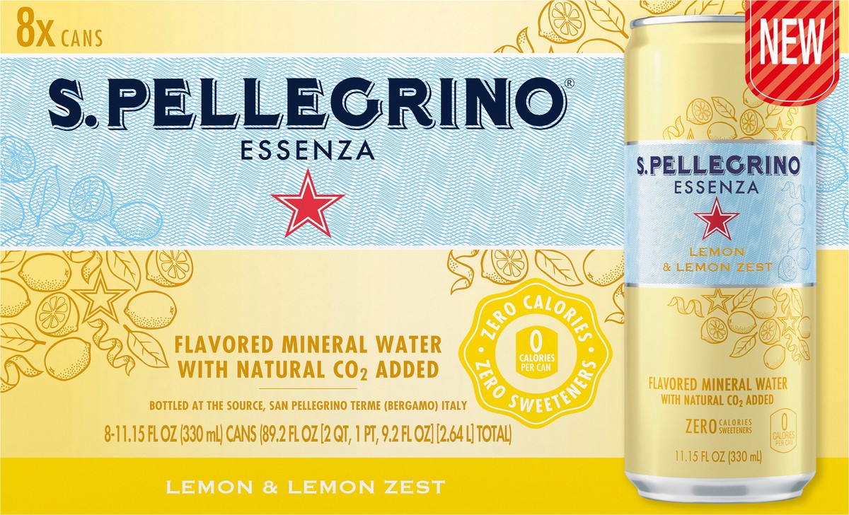 slide 3 of 7, S.Pellegrino Essenza Lemon & Lemon Zest Flavored Mineral Water with Natural CO2 Added, 8 Pack of 11.15 Fl Oz Cans, 11.15 oz