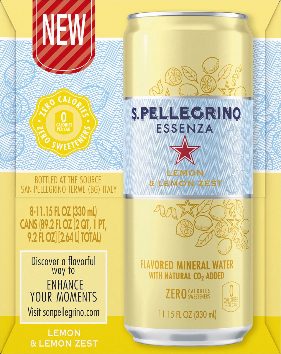 slide 6 of 7, S.Pellegrino Essenza Lemon & Lemon Zest Flavored Mineral Water with Natural CO2 Added, 8 Pack of 11.15 Fl Oz Cans, 11.15 oz