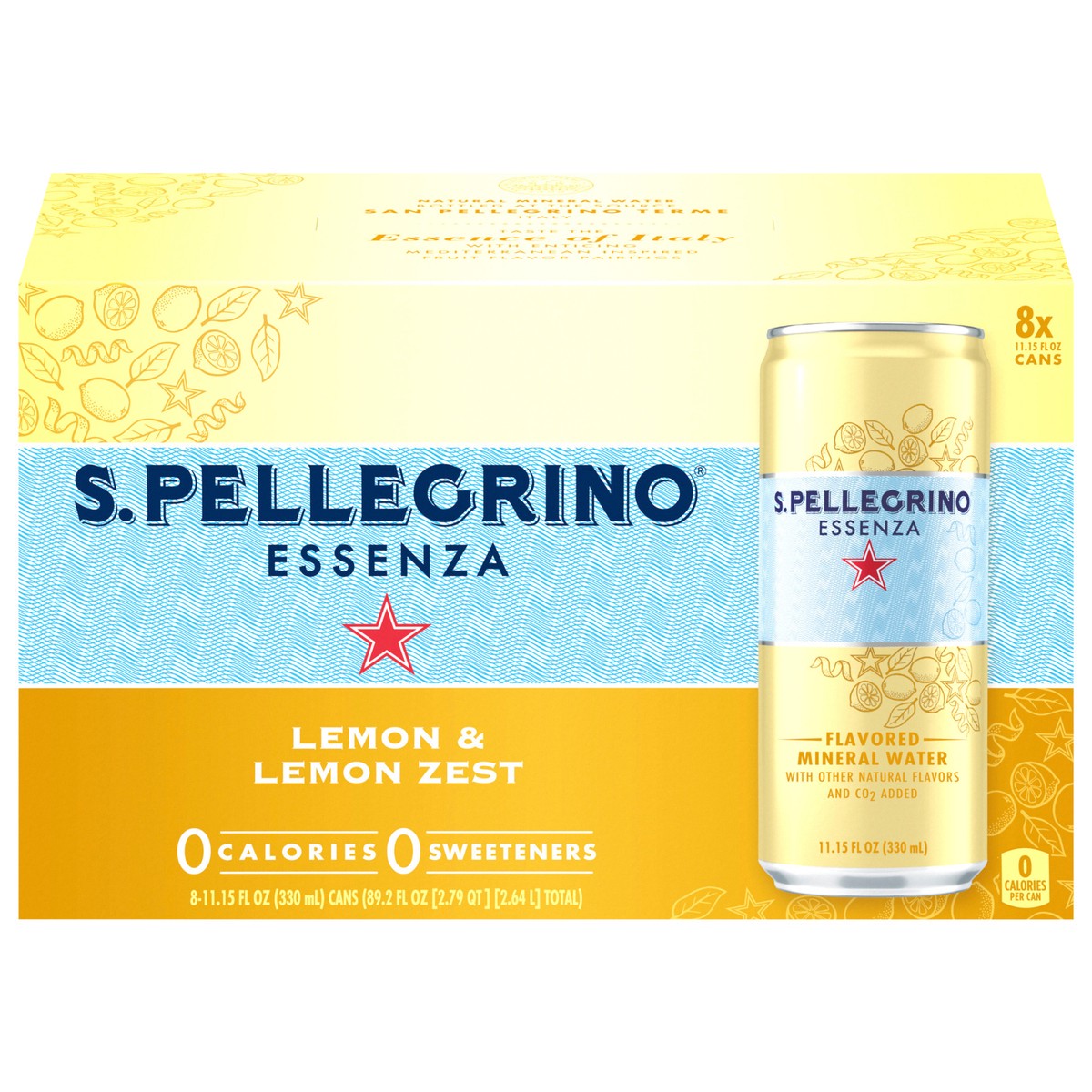slide 1 of 7, S.Pellegrino Essenza Lemon & Lemon Zest Flavored Mineral Water with CO2 Added, 8 Pack of 11.15 Fl Oz Cans, 8 ct; 11.15 fl oz