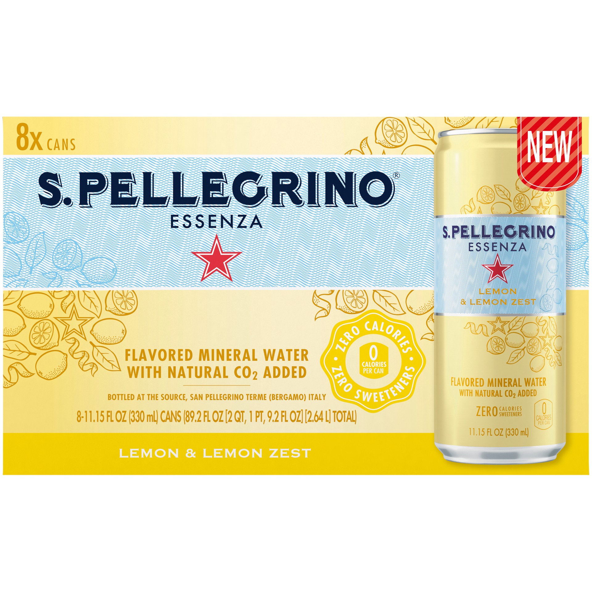 slide 1 of 7, S.Pellegrino Essenza Lemon & Lemon Zest Flavored Mineral Water with Natural CO2 Added, 8 Pack of 11.15 Fl Oz Cans, 11.15 oz