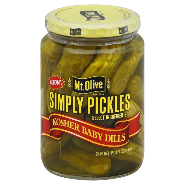 slide 1 of 6, Mt. Olive Kosher Baby Dills Pickles Made With Sea Salt, 24 fl oz