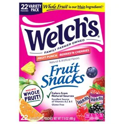 Welch's Fruit Punch & Berries 'N Cherries Fruit Snacks 0.8oz Pouches - 22ct Box