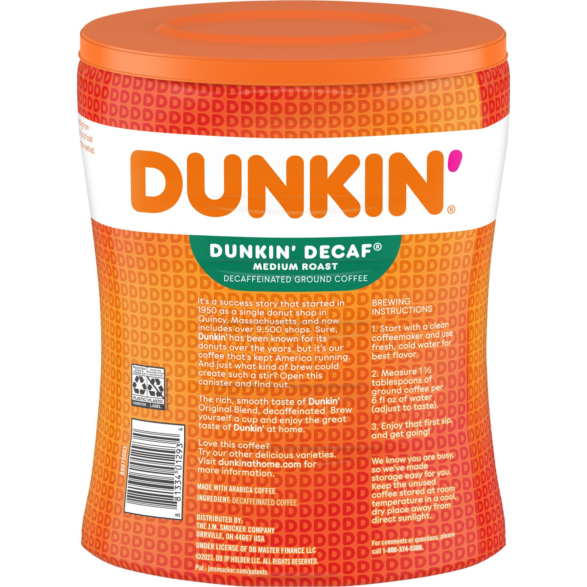 slide 5 of 6, Dunkin' Canister Decaf Medium Roast Coffee- 30 oz, 30 oz