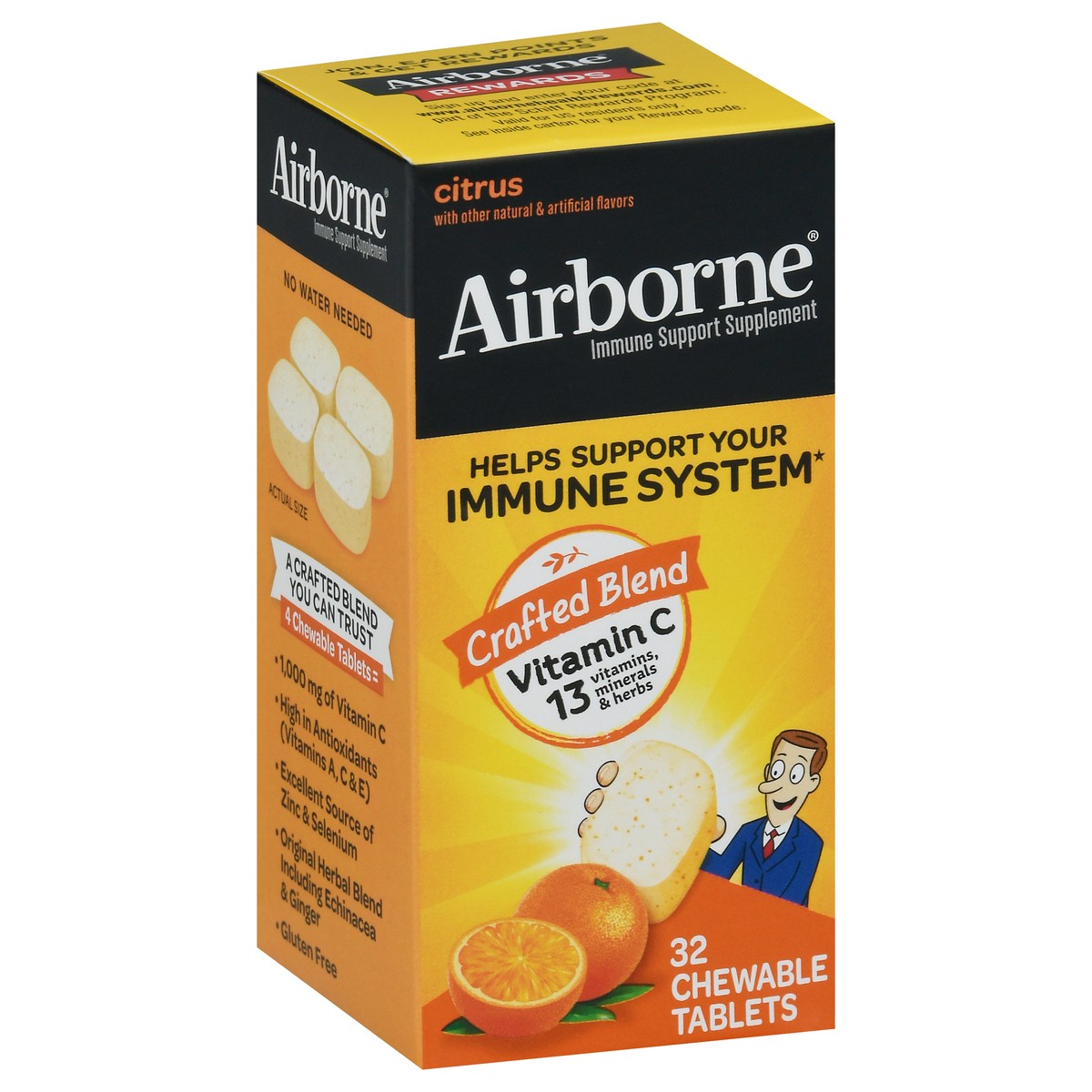 slide 2 of 9, Airborne Citrus Chewable Tablets, 32 count - 1000mg of Vitamin C - Immune Support Supplement (Packaging May Vary), 32 ct