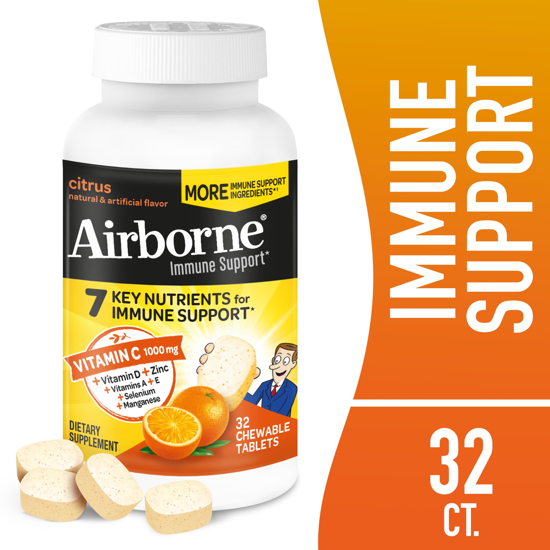 slide 1 of 9, Airborne Citrus Chewable Tablets, 32 count - 1000mg of Vitamin C - Immune Support Supplement (Packaging May Vary), 32 ct