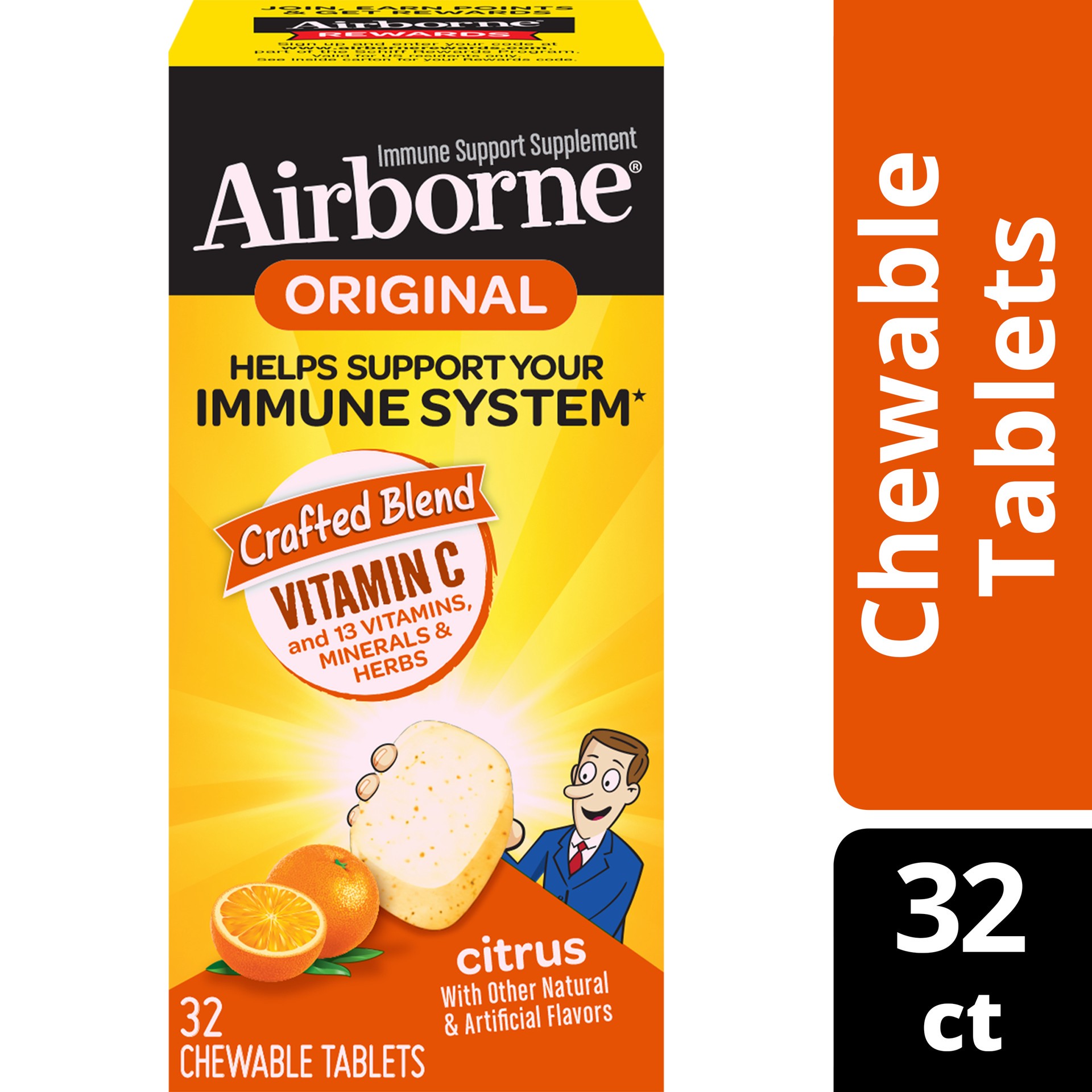 slide 1 of 1, Airborne Citrus Vitamin C Immune Support Supplement Chewable Tablets, 32 ct