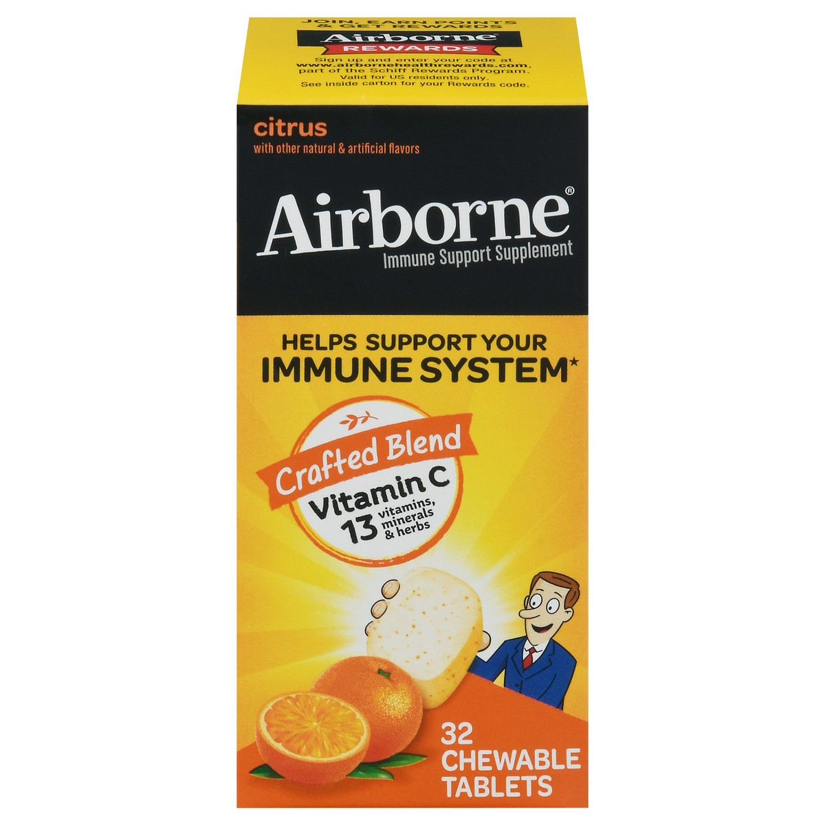 slide 1 of 9, Airborne Citrus Chewable Tablets, 32 count - 1000mg of Vitamin C - Immune Support Supplement (Packaging May Vary), 32 ct