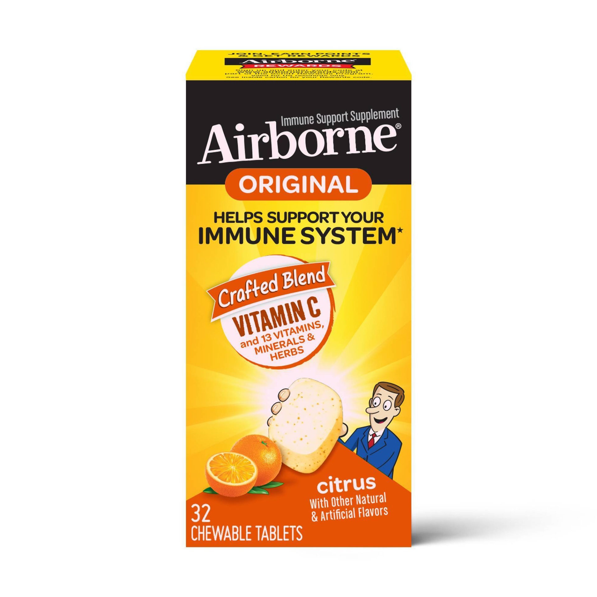 slide 1 of 8, Airborne Citrus Vitamin C Immune Support Supplement Chewable Tablets, 32 ct