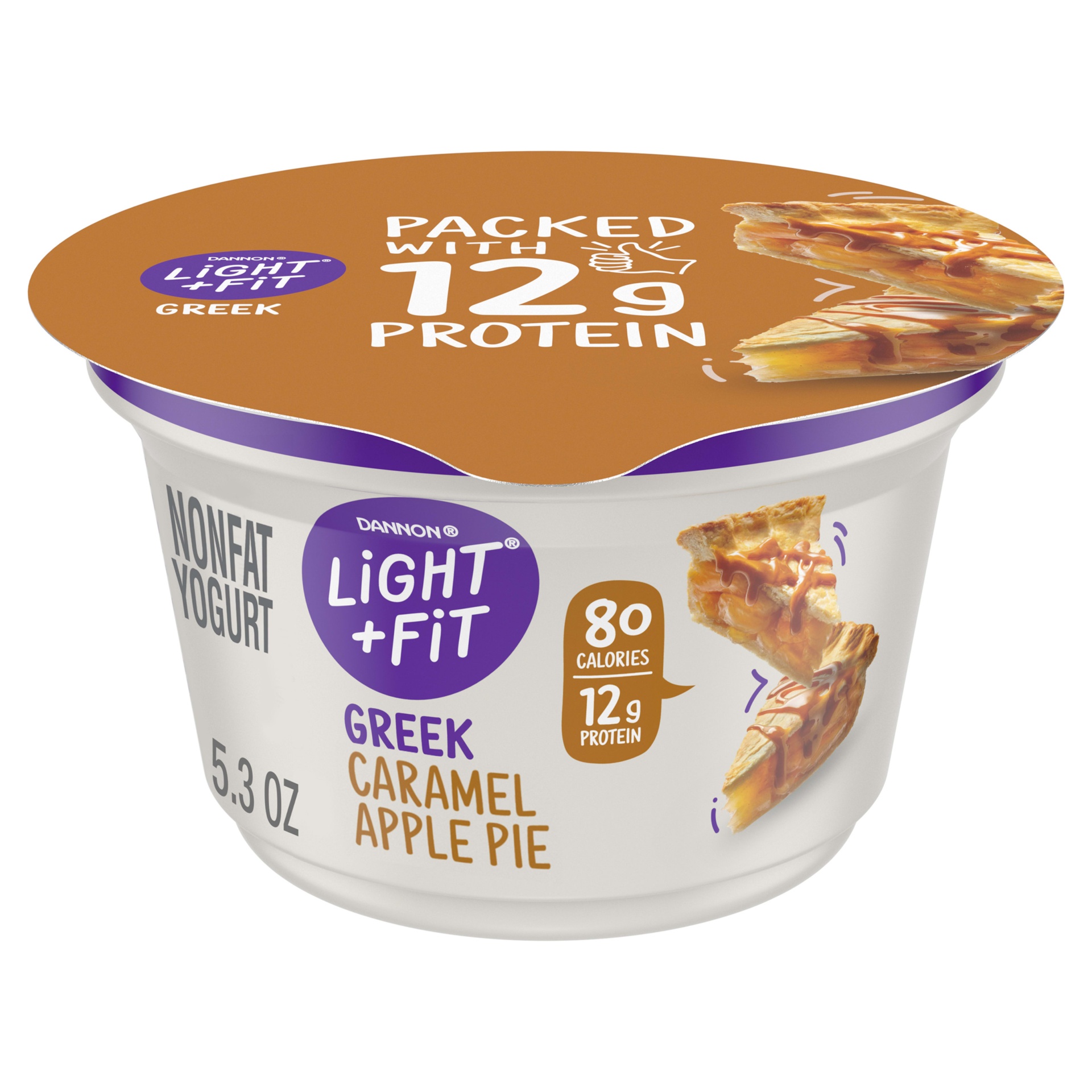 slide 1 of 1, Light + Fit Dannon Light + Fit Caramel Apple Pie Greek Fat Free Yogurt, Creamy and Delicious Gluten Free Yogurt, 5.3 OZ Yogurt Cup, 