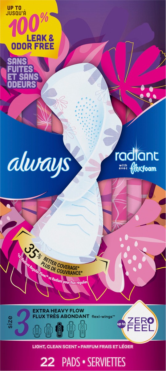 Always, Radiant With FlexFoam Pads For Women, Size 2, Heavy
