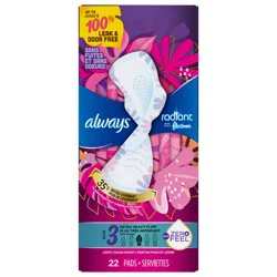 Always Radiant Feminine Pads for Women, Size 3 Heavy, with Wings, Light Clean Scent, 22 CT