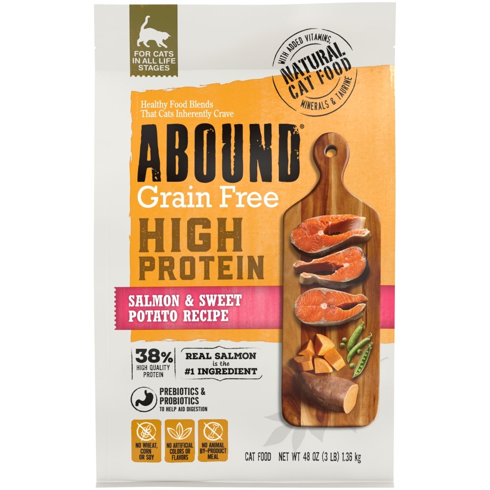 slide 1 of 1, Abound Grain Free High Protein Salmon & Sweet Potato Recipe Cat Food 48 oz, 48 oz
