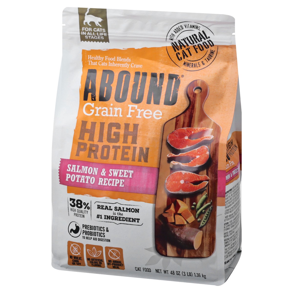slide 3 of 9, Abound Grain Free High Protein Salmon & Sweet Potato Recipe Cat Food 48 oz, 48 oz