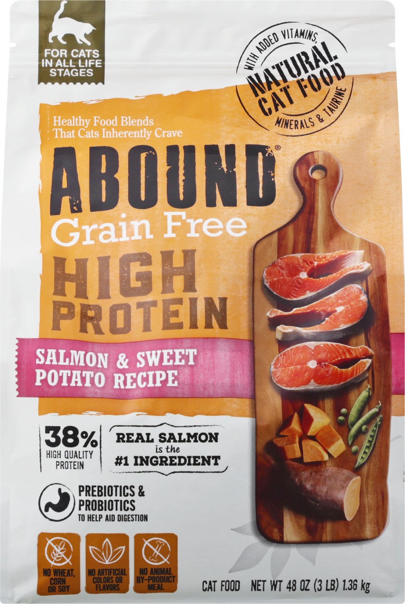 slide 6 of 9, Abound Grain Free High Protein Salmon & Sweet Potato Recipe Cat Food 48 oz, 48 oz
