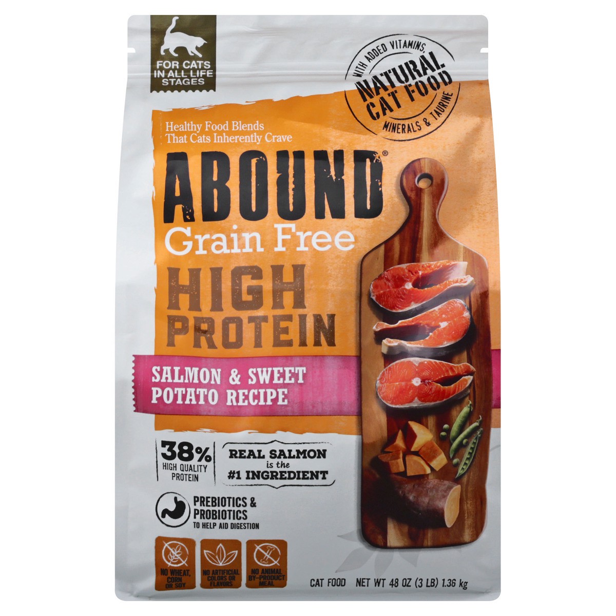 slide 1 of 9, Abound Grain Free High Protein Salmon & Sweet Potato Recipe Cat Food 48 oz, 48 oz