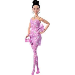 Barbie Deluxe Style Fashion Doll #11 in Pink Denim Star-Print Dress, Black Hair in Bun