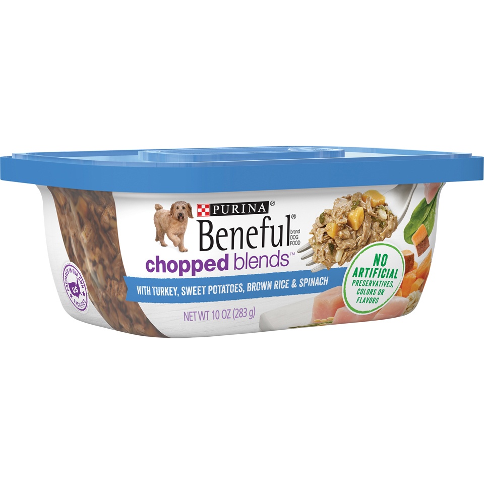 slide 4 of 7, Purina Beneful Chopped Blends with Turkey, Sweet Potatoes, Brown Rice & Spinach Dog Food, 10 oz