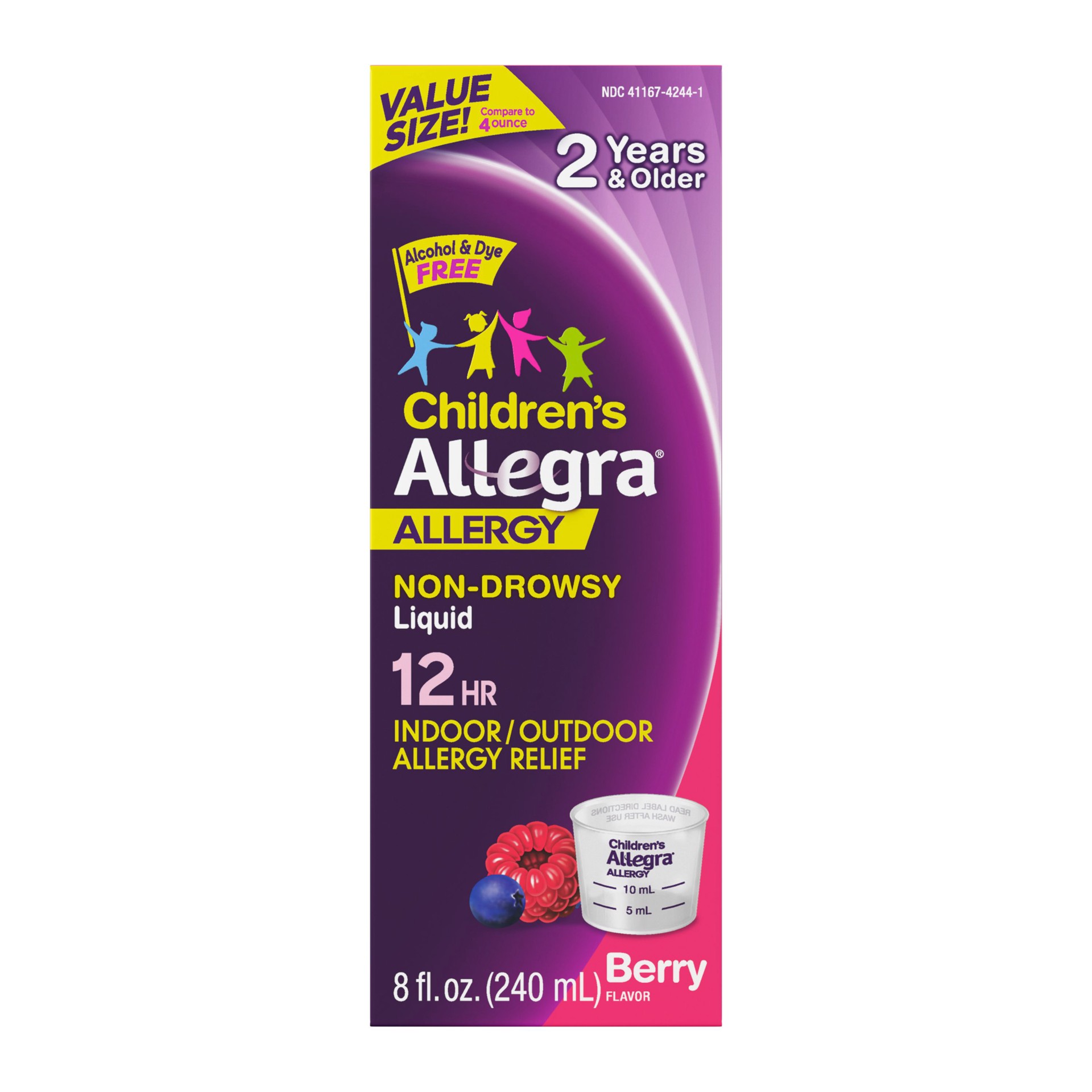 slide 1 of 9, Allegra Children's Liquid Berry Flavor 8 oz. Non-Drowsy Antihistamine 12-Hour Allergy Relief, 30 mg, 8 oz