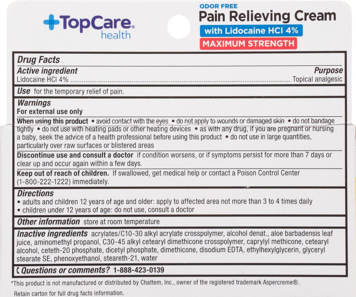 slide 5 of 9, TopCare Health Odor Free Maximum Strength Pain Relieving Cream with Lidocaine HCl 4% 2.7 oz, 2.7 oz
