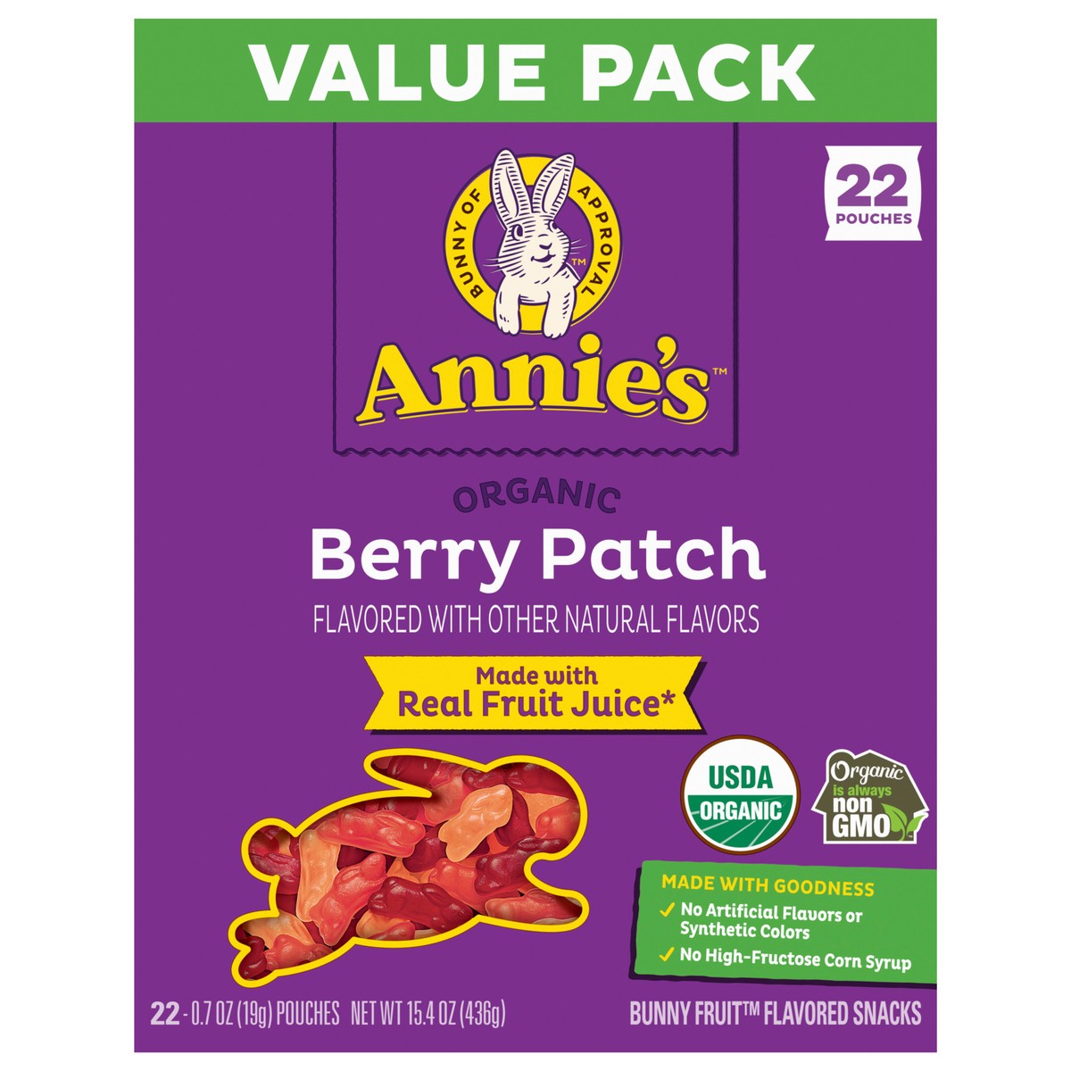 slide 1 of 8, Annie's Organic Berry Patch Bunny Fruit Flavored Snacks, Gluten Free, Value Pack, 22 Pouches, 15.4 oz, 22 ct