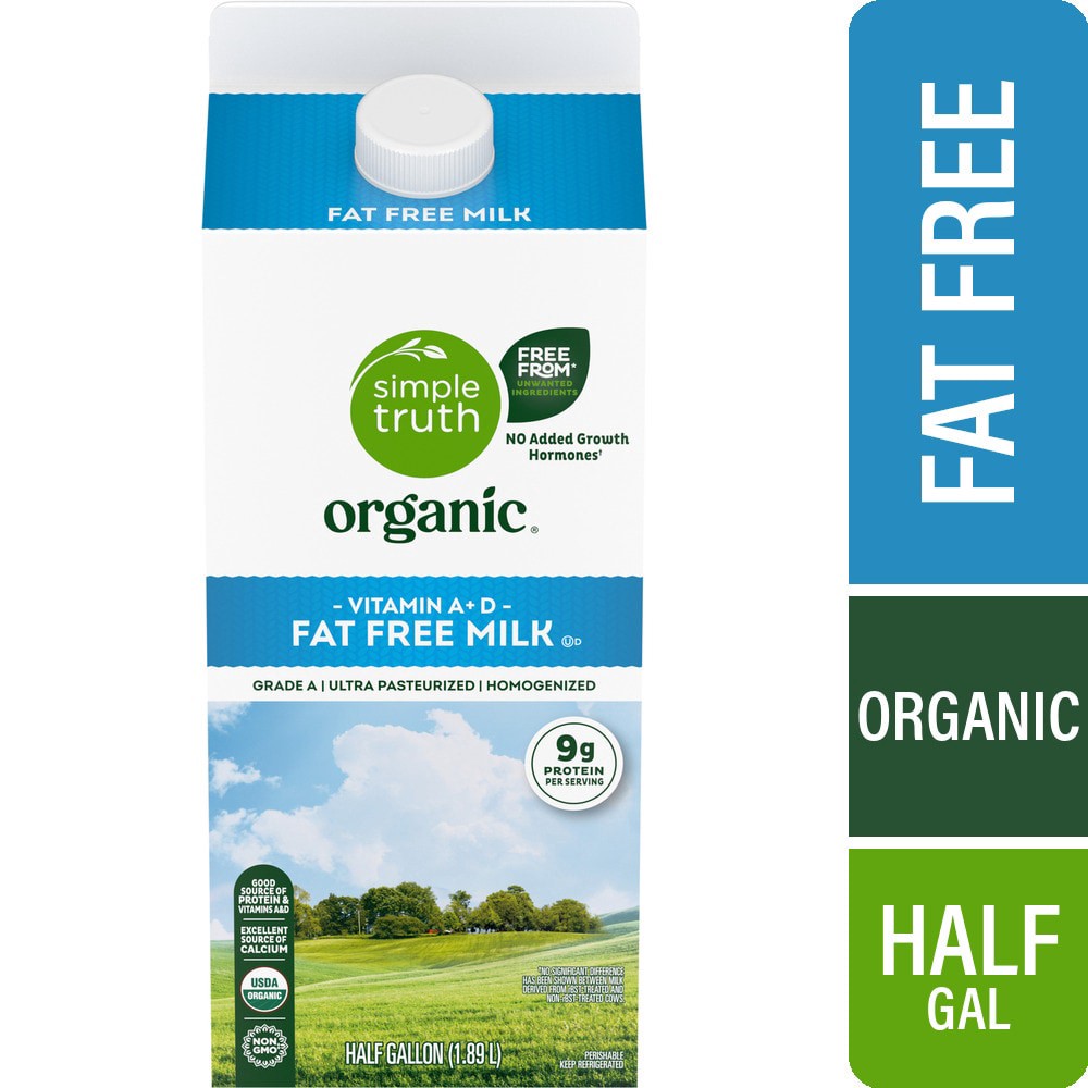 slide 1 of 1, Simple Truth Organic® Fat Free Milk Half Gallon, 0.5 gal, 1/2 gal