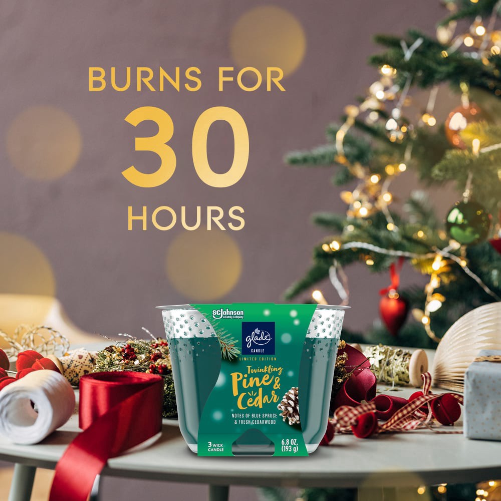 slide 5 of 6, Glade 3 Wick Scented Candle, Twinkling Pine & Cedar, Fragrance Infused with Essential Oils, 6.8 oz, 6.8 oz